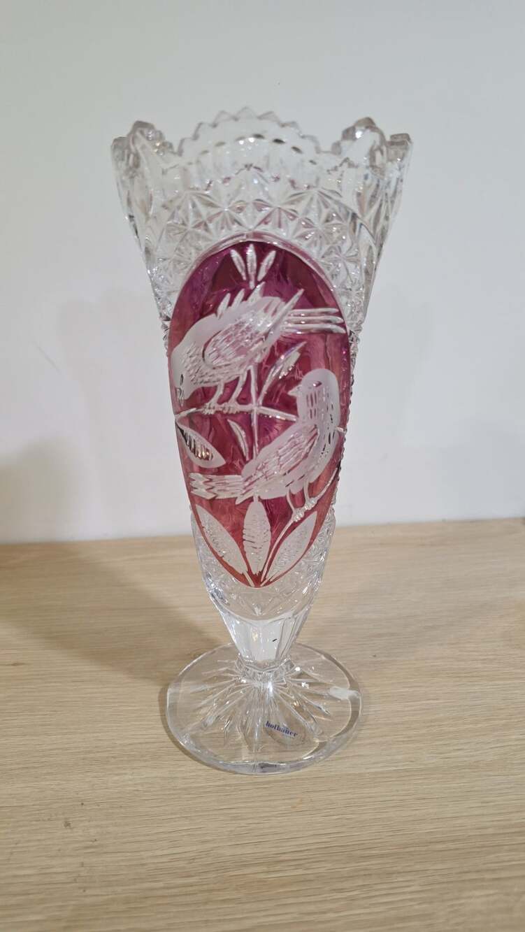 Hofbauer Byrde Crystal Vase,Red Bird Motif, Lead Crystal, 10.5 in tall